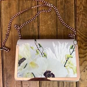 Ted Baker gray floral leather crossbody rose gold chain trim flap front